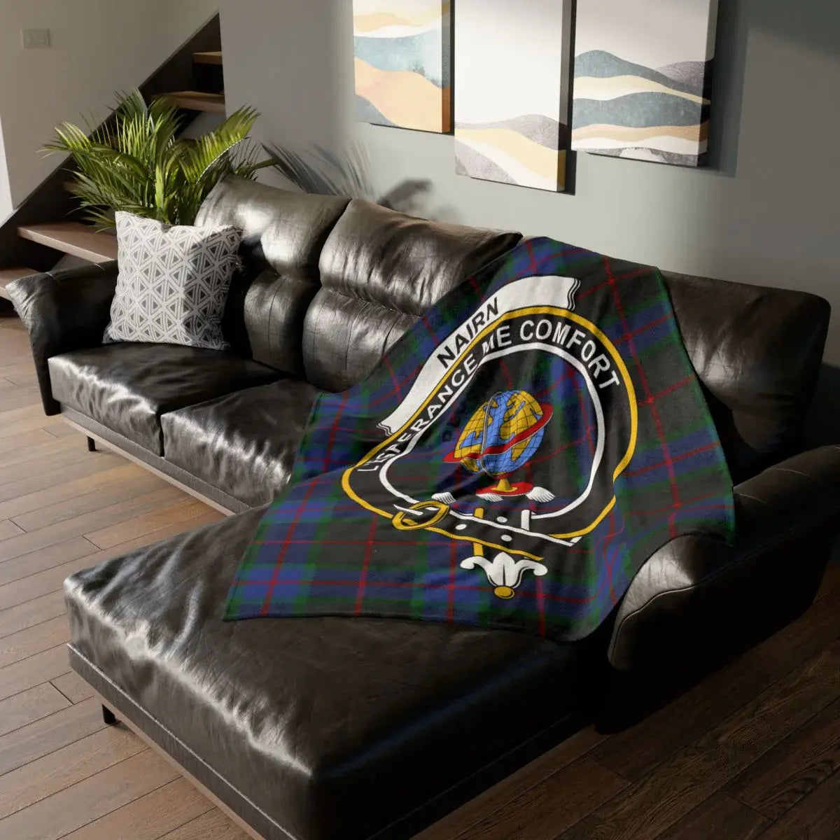Clan Nairn tartan throw blanket — L'Espérance Me Conforte crest on lightweight polyester, 50" x 60"
