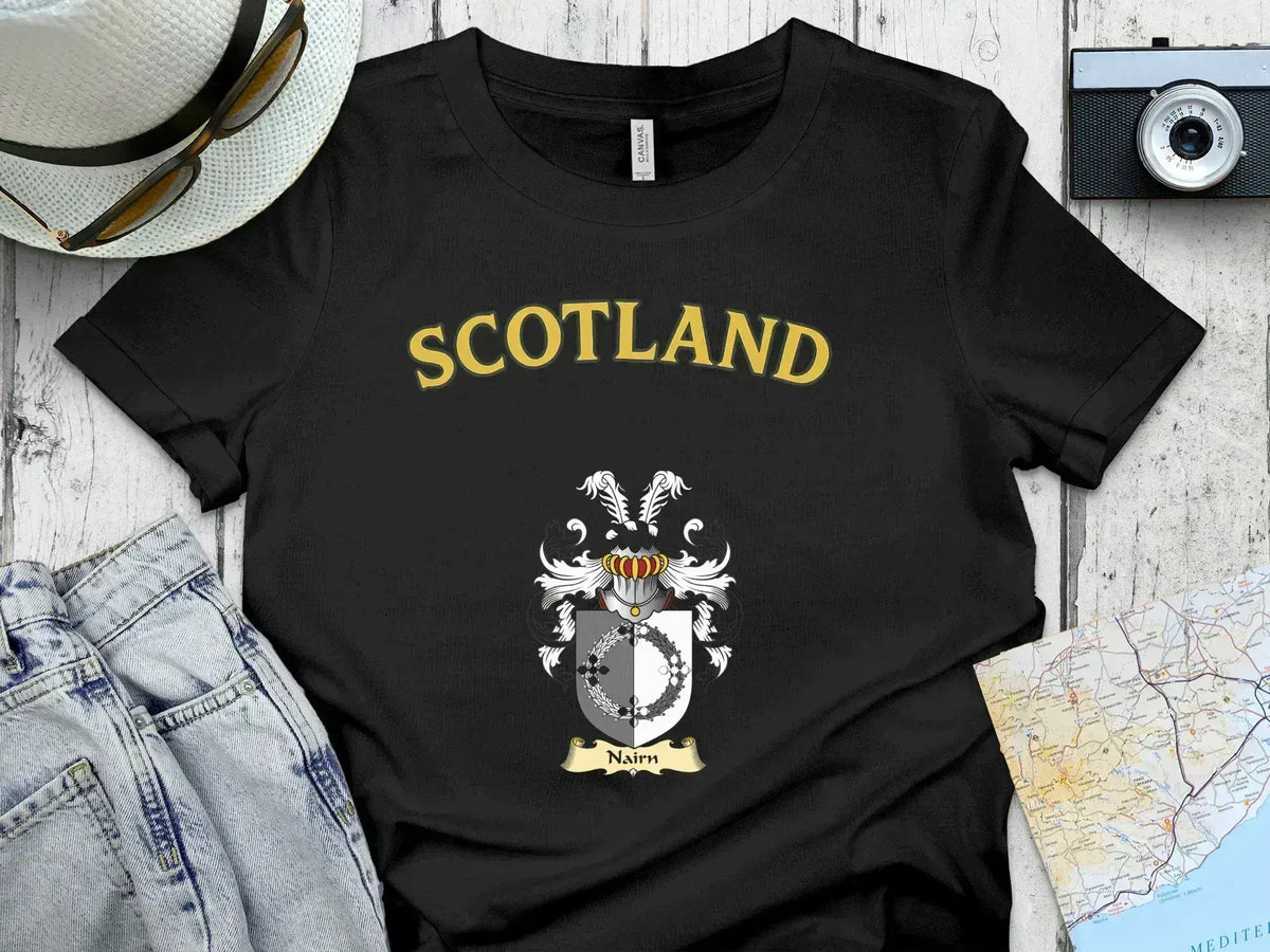 Nairn Scotland heraldic crest T-shirt in navy — crew neck, soft cotton, family name graphic