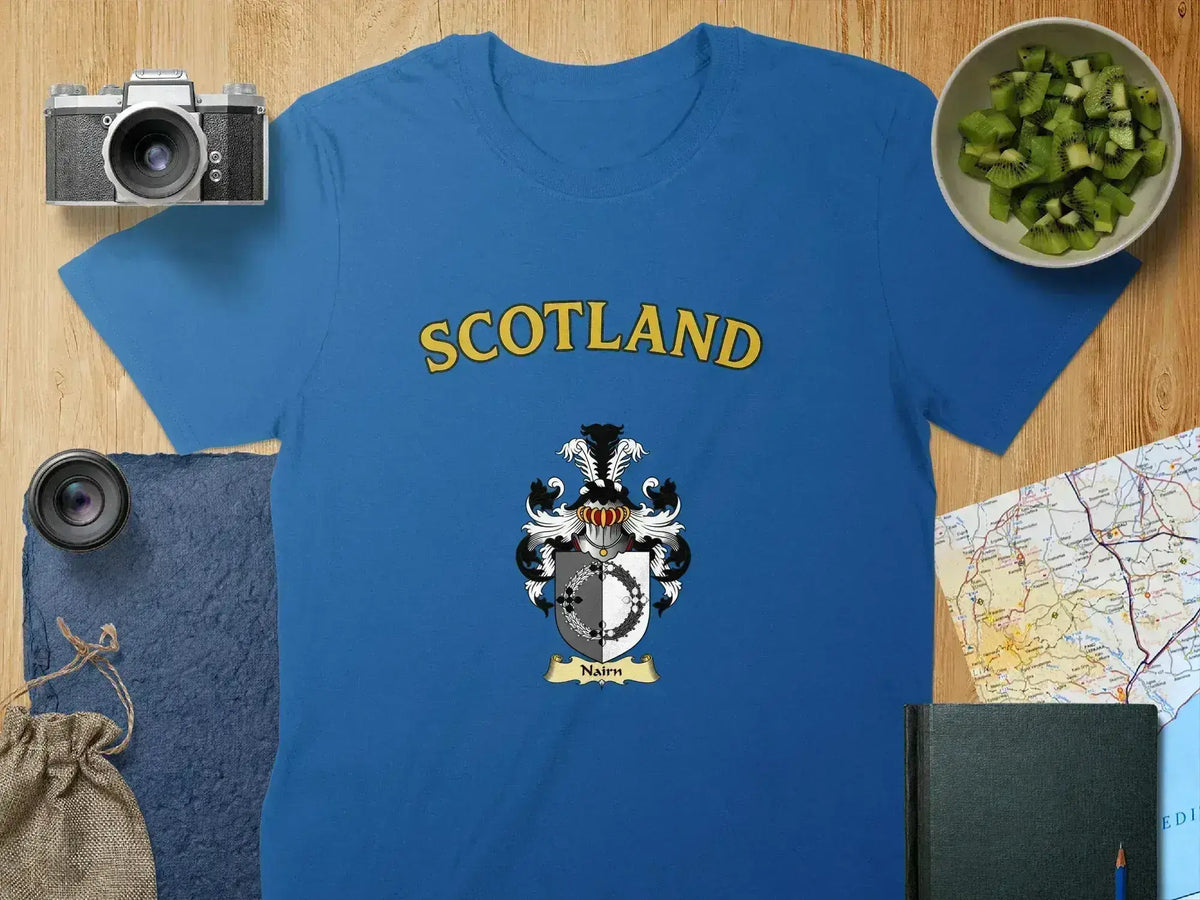 Nairn clan crest design T-shirt in royal blue — Scotland crest print on soft cotton