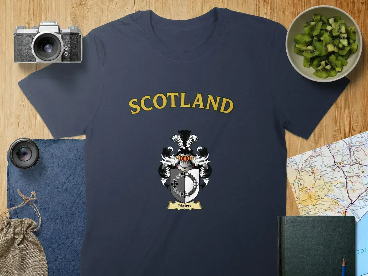 Scotland Nairn crest graphic tee in forest green — clan family name on heritage design
