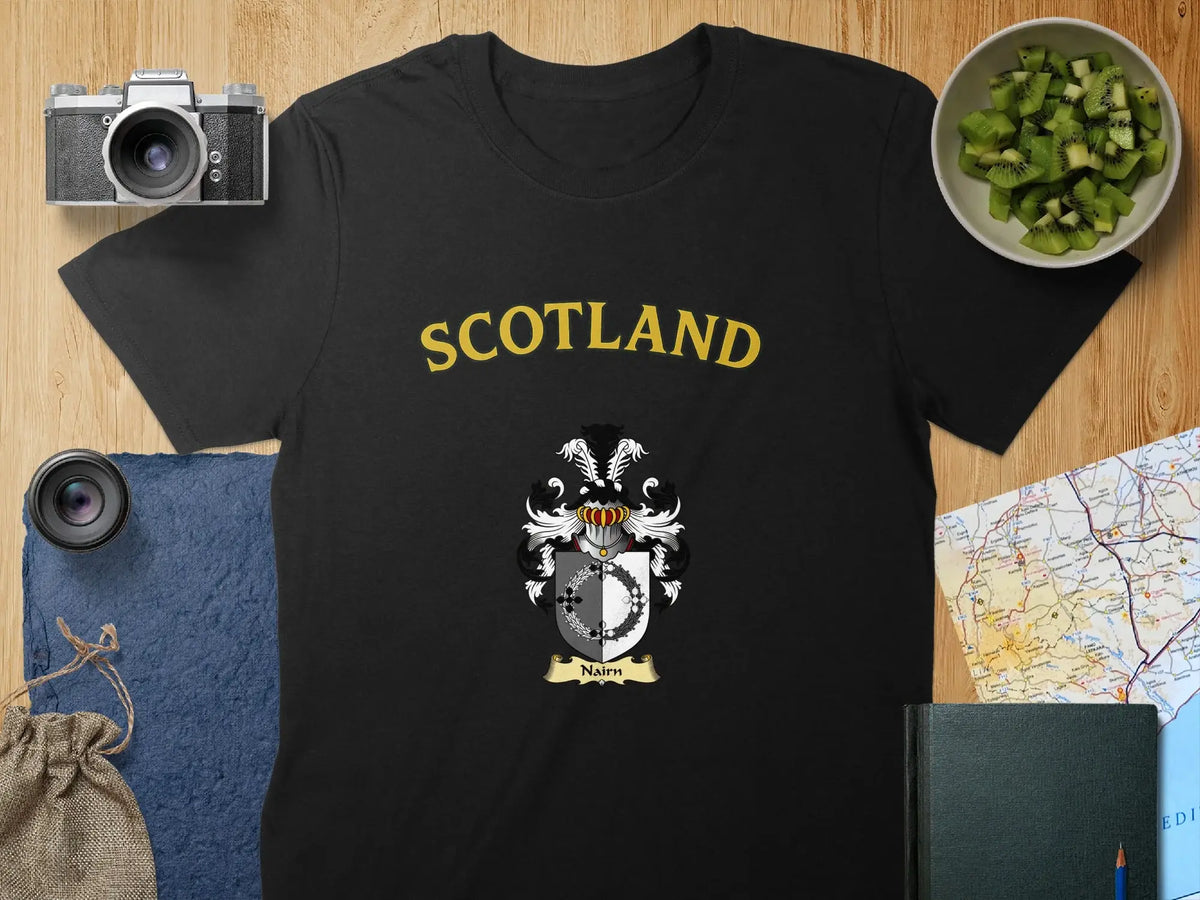 Nairn Scotland crest tee in navy — short sleeve cotton with heraldic graphic print
