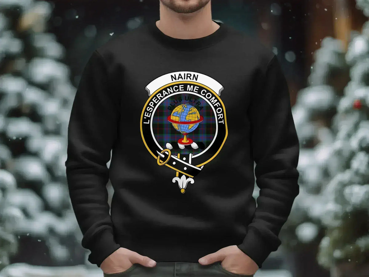Nairn tartan crest sweatshirt in navy — L'Espérance Me Conforte motto, ribbed cuffs, S-3XL