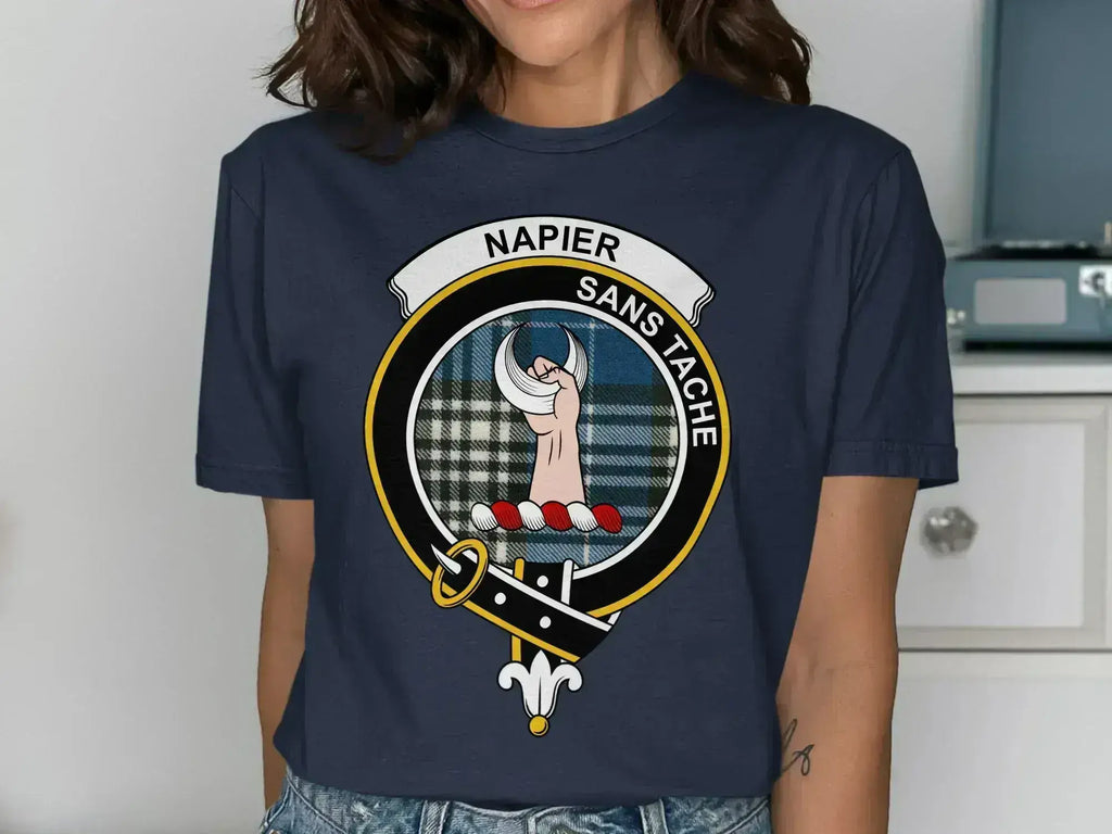 Napier clan crest tee in royal blue — printed emblem, relaxed cotton fit