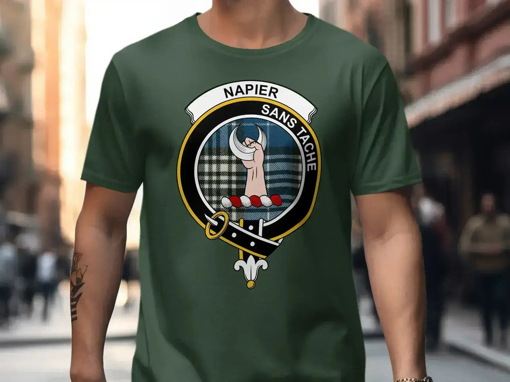Clan Napier t-shirt in black — heraldic crest emblem on soft cotton