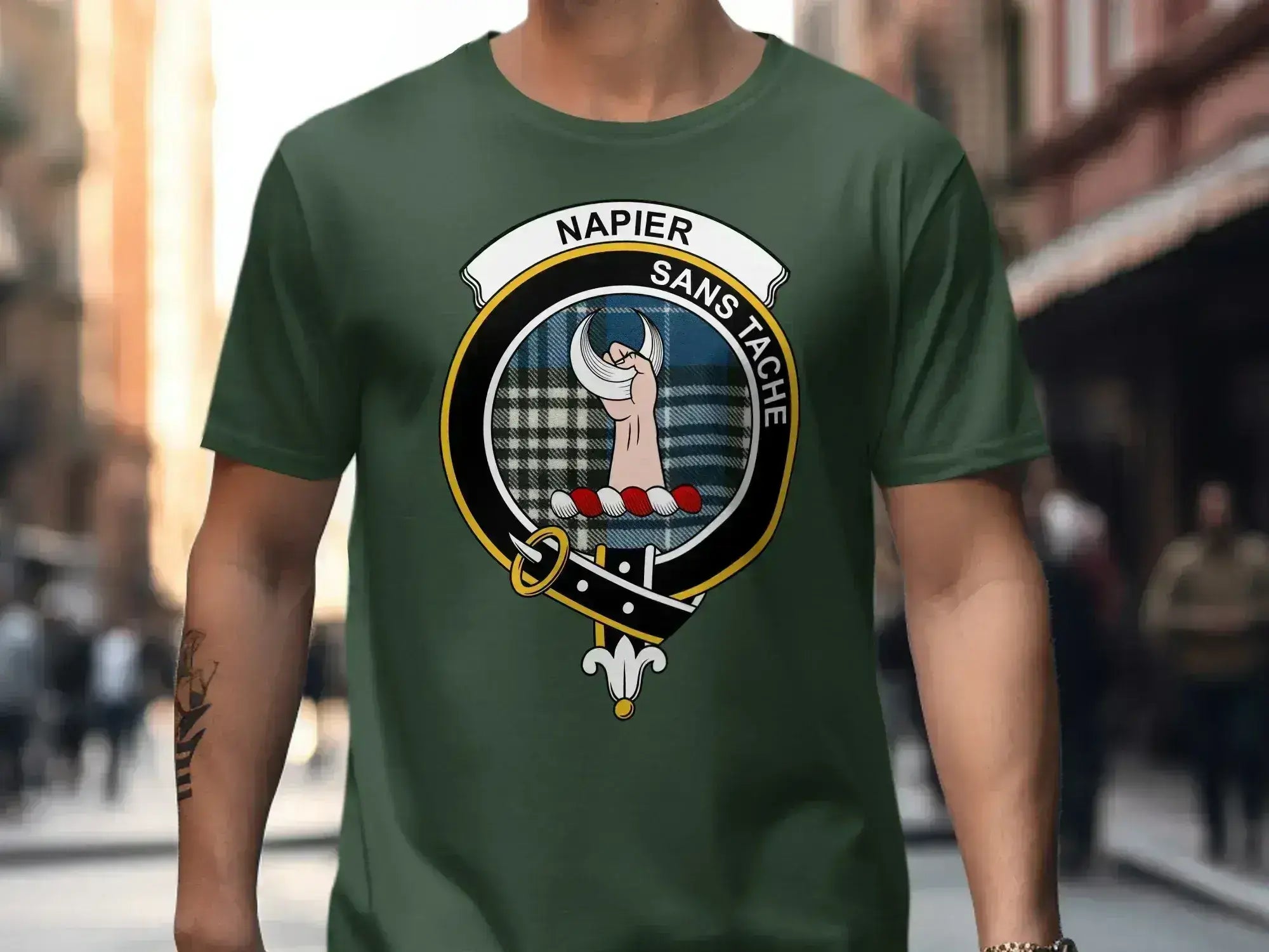 Clan Napier t-shirt in black — heraldic crest emblem on soft cotton