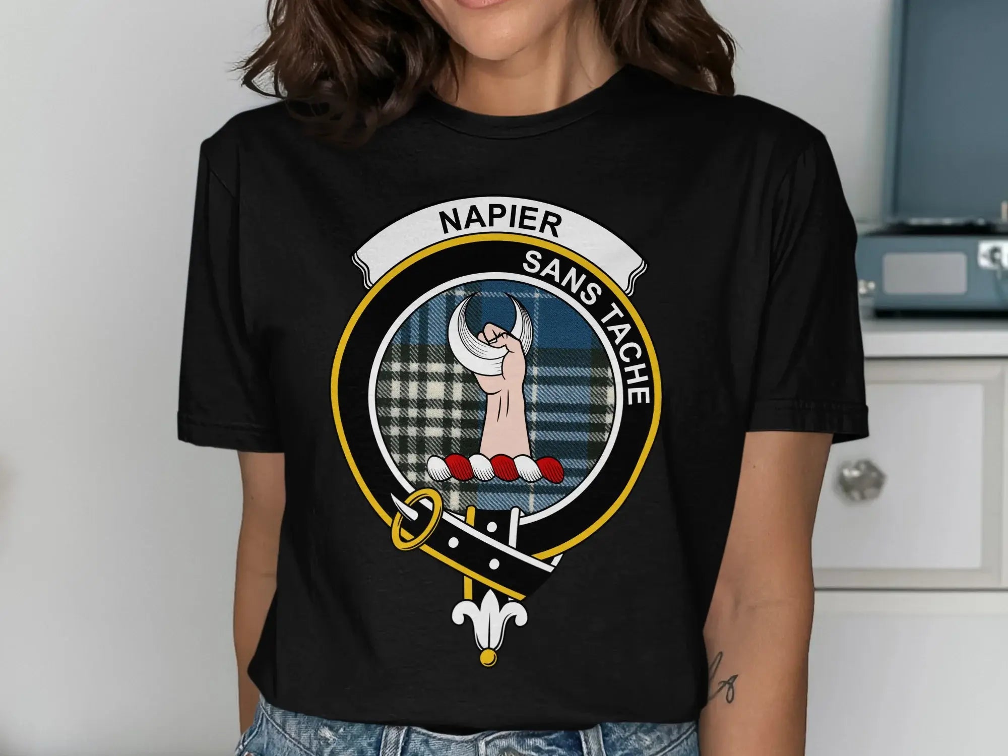 Napier crest t-shirt in forest green — Scottish clan emblem, classic fit