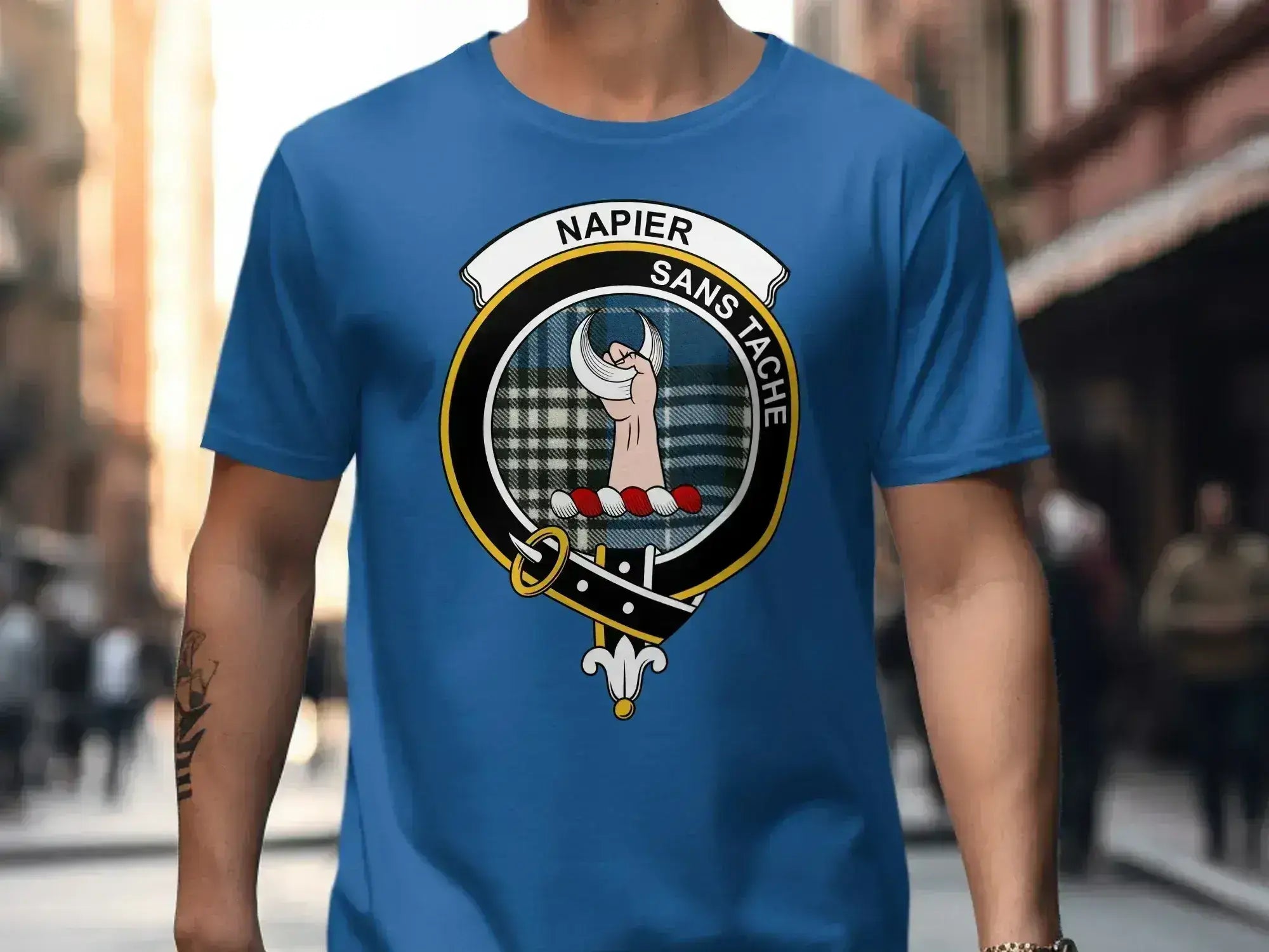 Clan Napier crest tee — side view showing emblem placement and fit