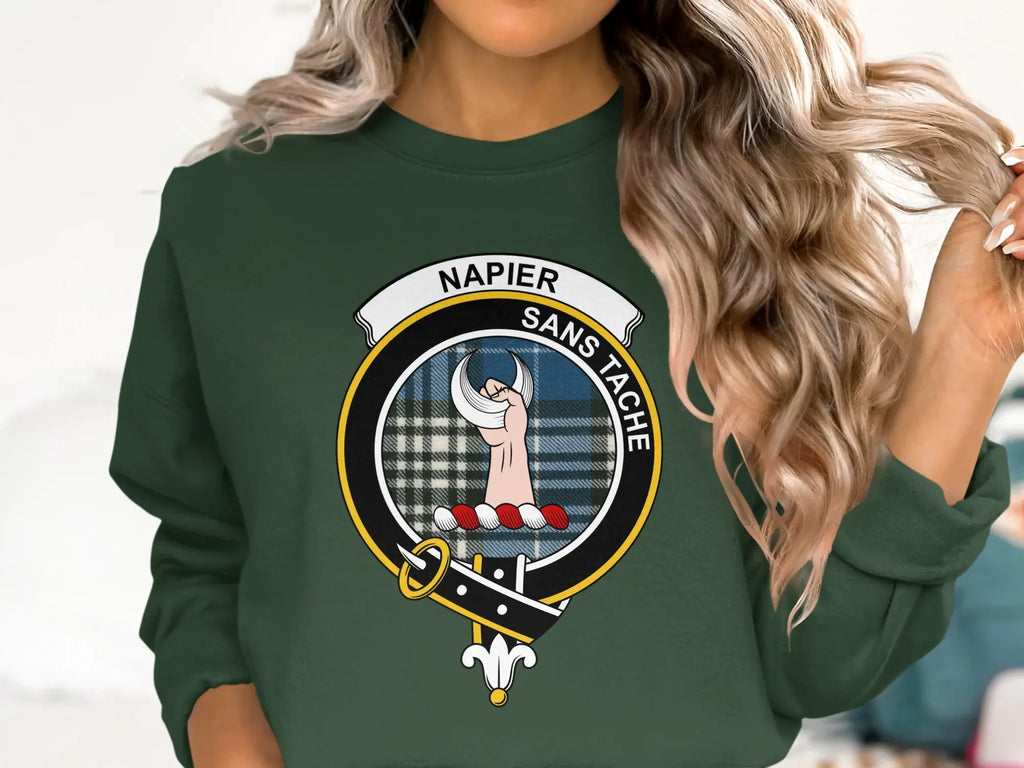 Clan Napier crewneck sweatshirt in forest green — crest emblem, fleece interior