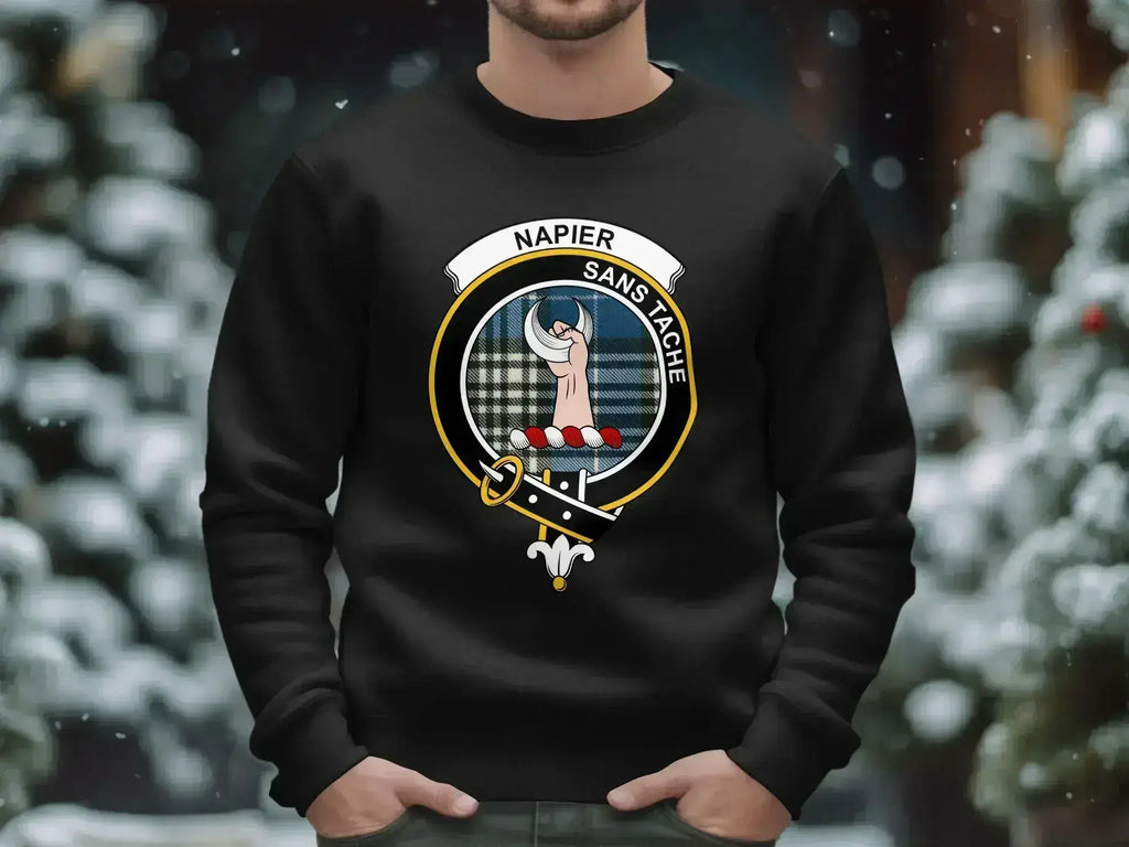 Napier crest sweatshirt in black — sans tache emblem, ribbed cuffs