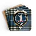 Clan Napier crest tartan coaster set — glossy print on natural cork, 3.75 inch square