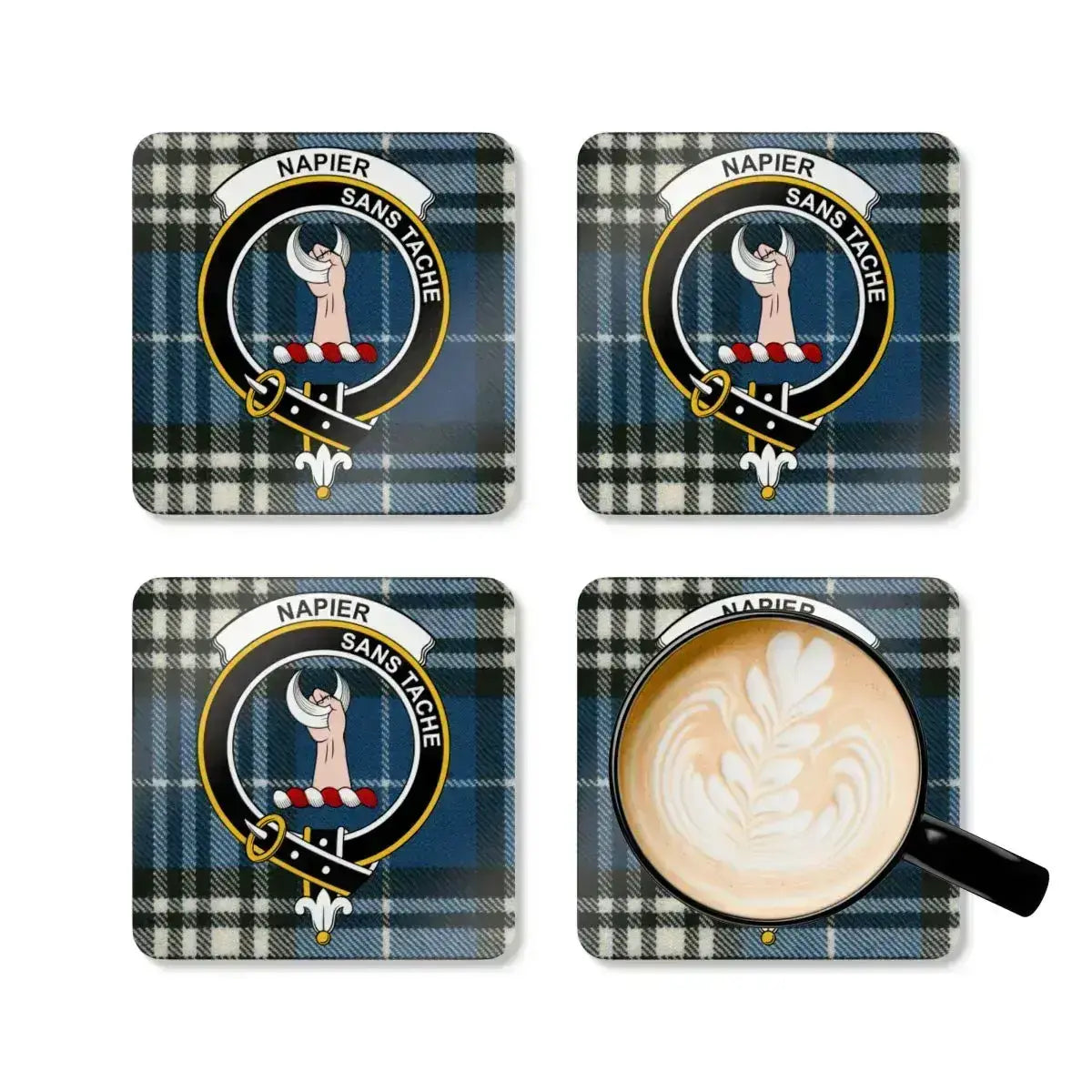 Napier sans tache clan crest coasters — blue tartan design, full set view