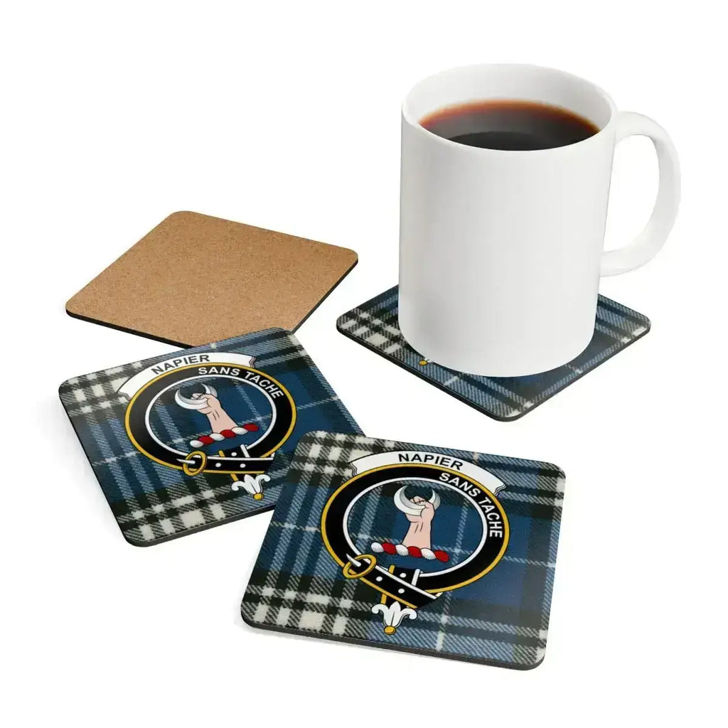 Clan Napier tartan coaster close-up — vibrant crest print on cork base