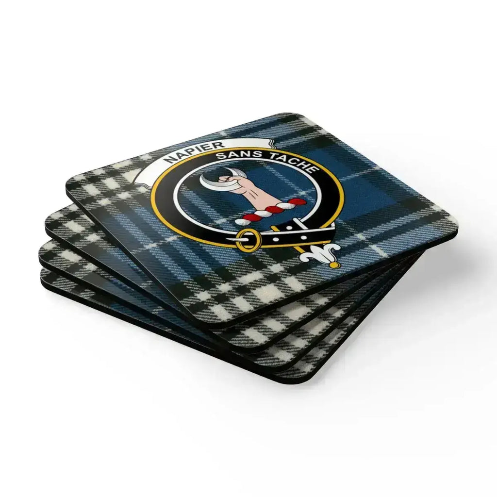 Napier coaster set in use — Scottish clan crest and plaid pattern on table