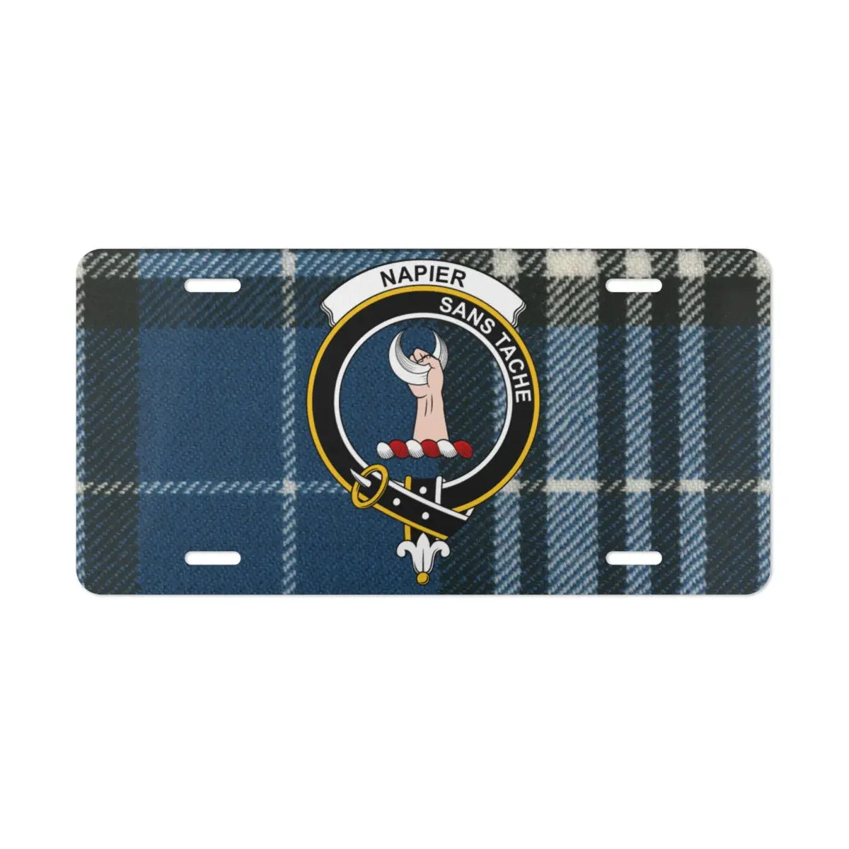 Napier tartan crest license plate displayed flat — vivid print on white aluminium