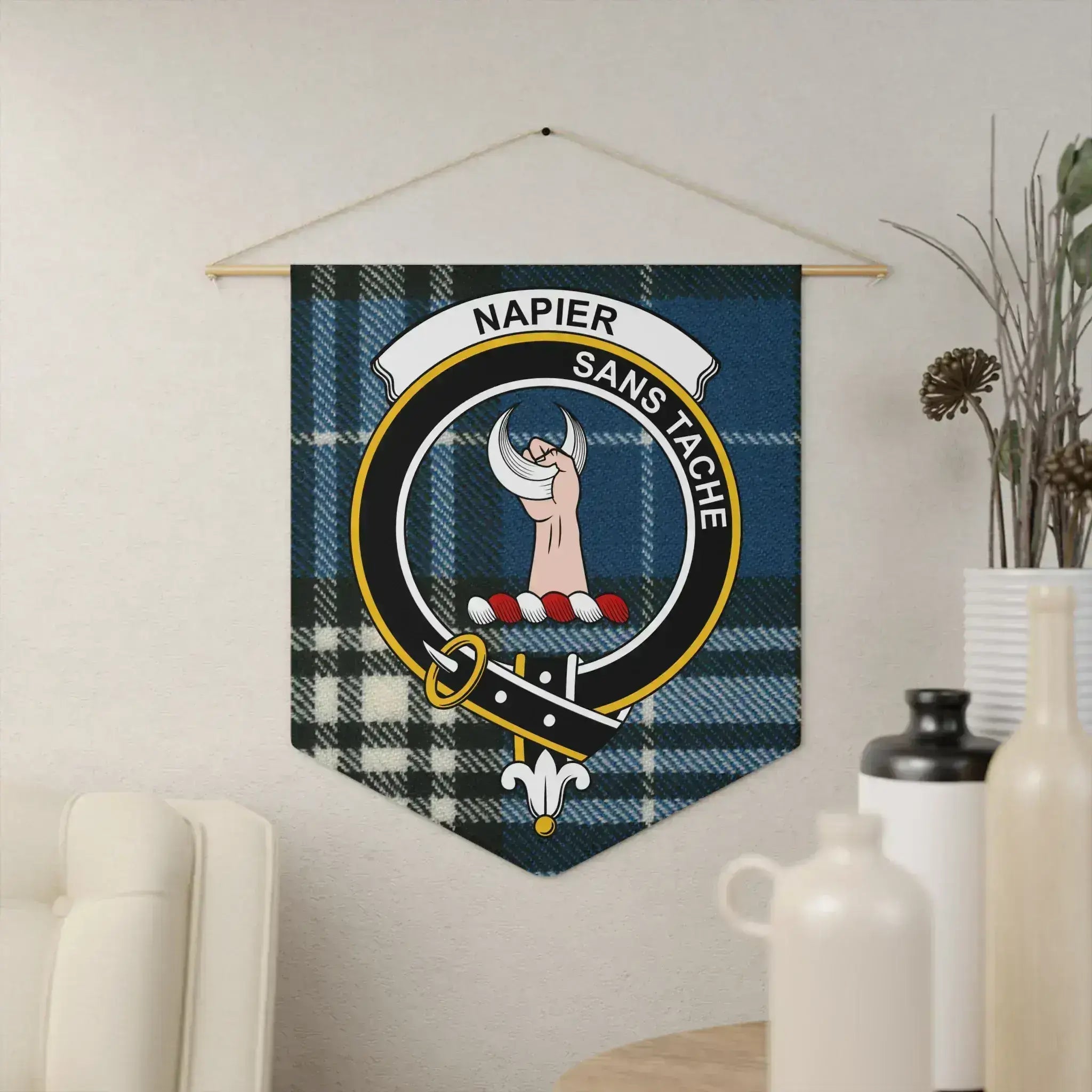 Clan Napier crest tartan pennant — 18x21 inch polyester twill with wooden dowel