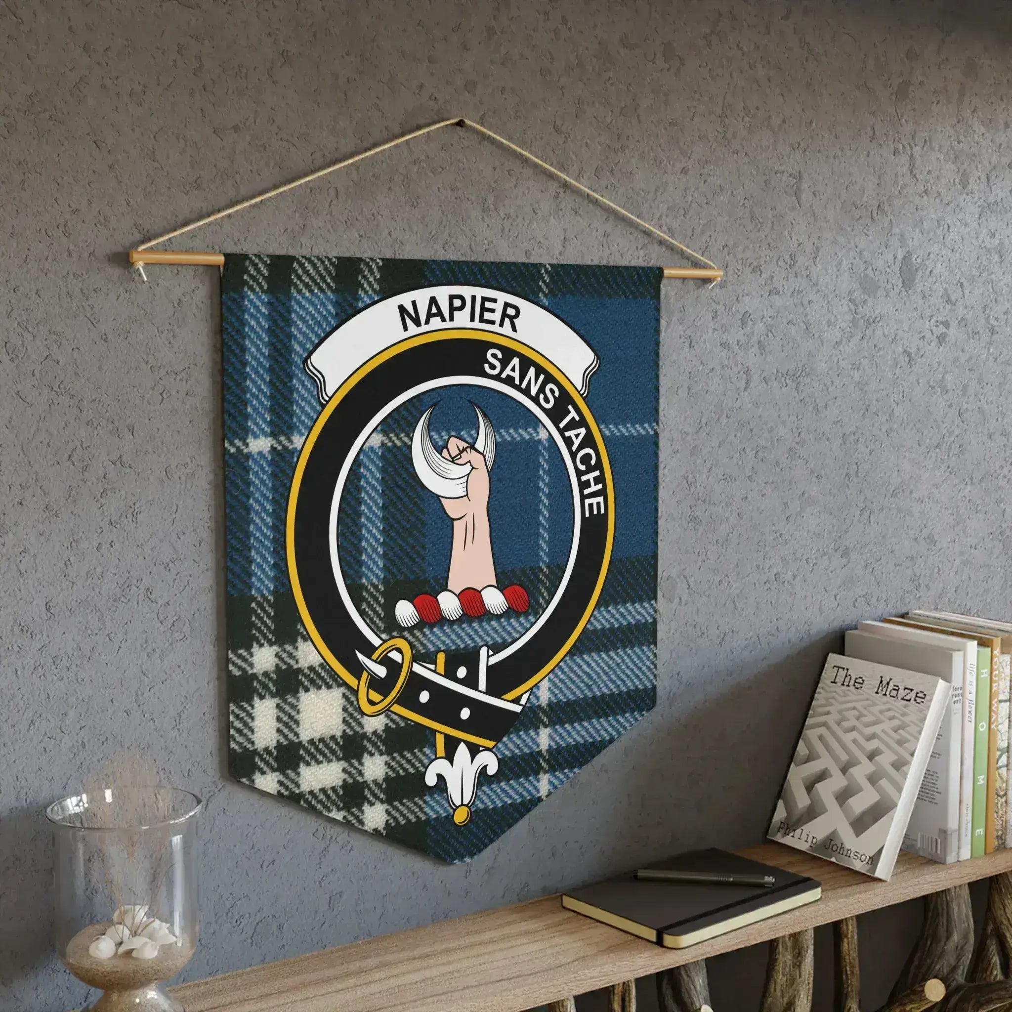 Napier sans tache clan pennant displayed on wall — blue tartan crest design