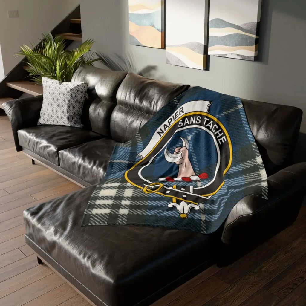 Clan Napier crest tartan throw blanket — lightweight 100% polyester, full design view