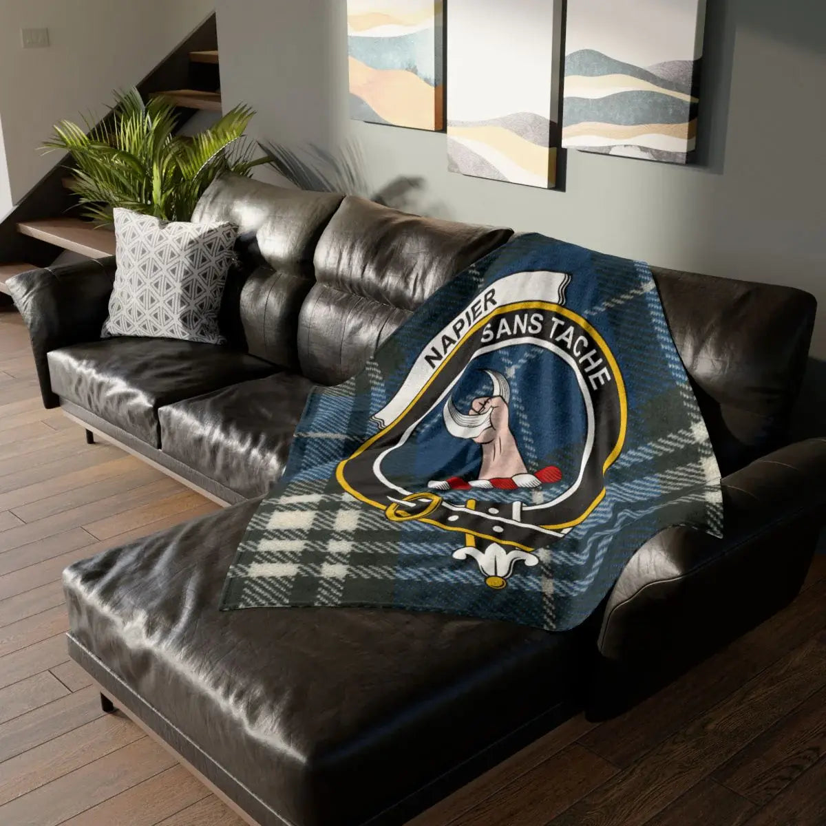 Clan Napier crest tartan throw blanket — lightweight 100% polyester, full design view