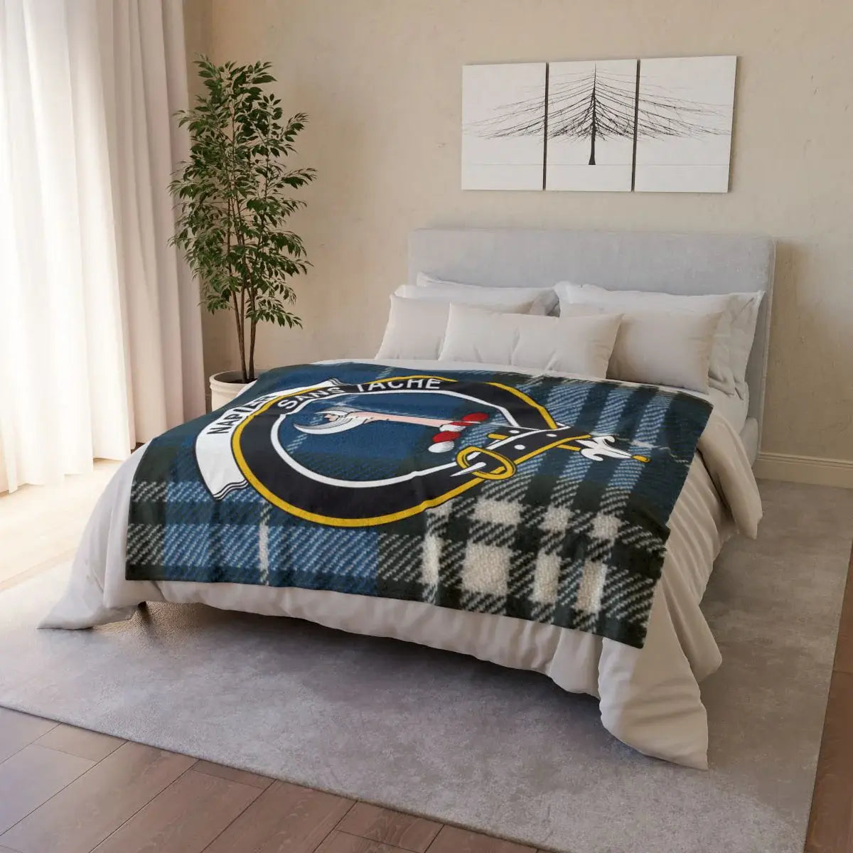 Clan Napier throw blanket folded — showing tartan and crest print