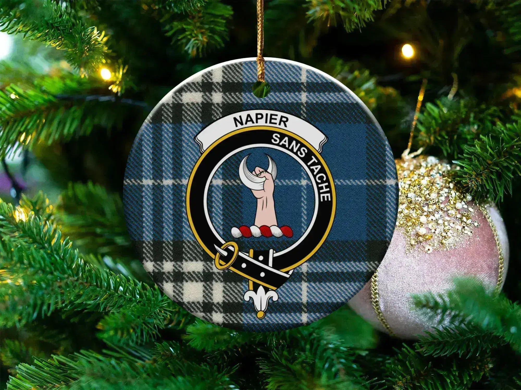 Clan Napier tartan crest ceramic ornament — 3 inch, double-sided with gold string