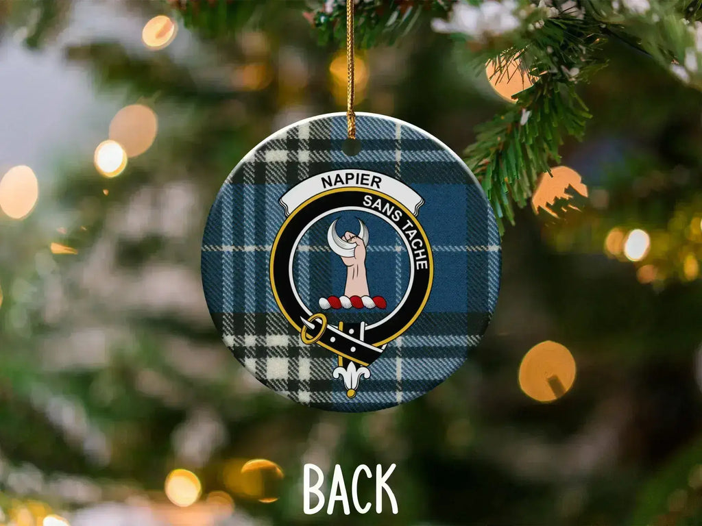 Napier clan crest ornament front view — sans tache motto and tartan design