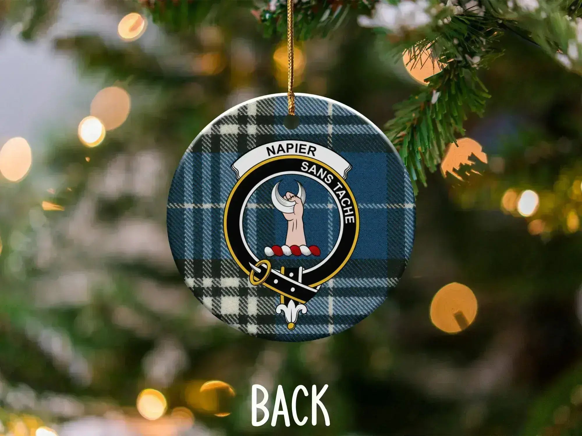 Napier clan crest ornament front view — sans tache motto and tartan design