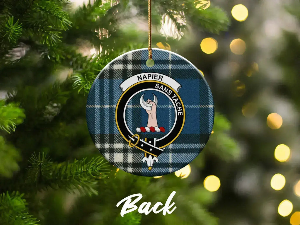 Clan Napier ceramic Christmas ornament hanging on tree — blue tartan print