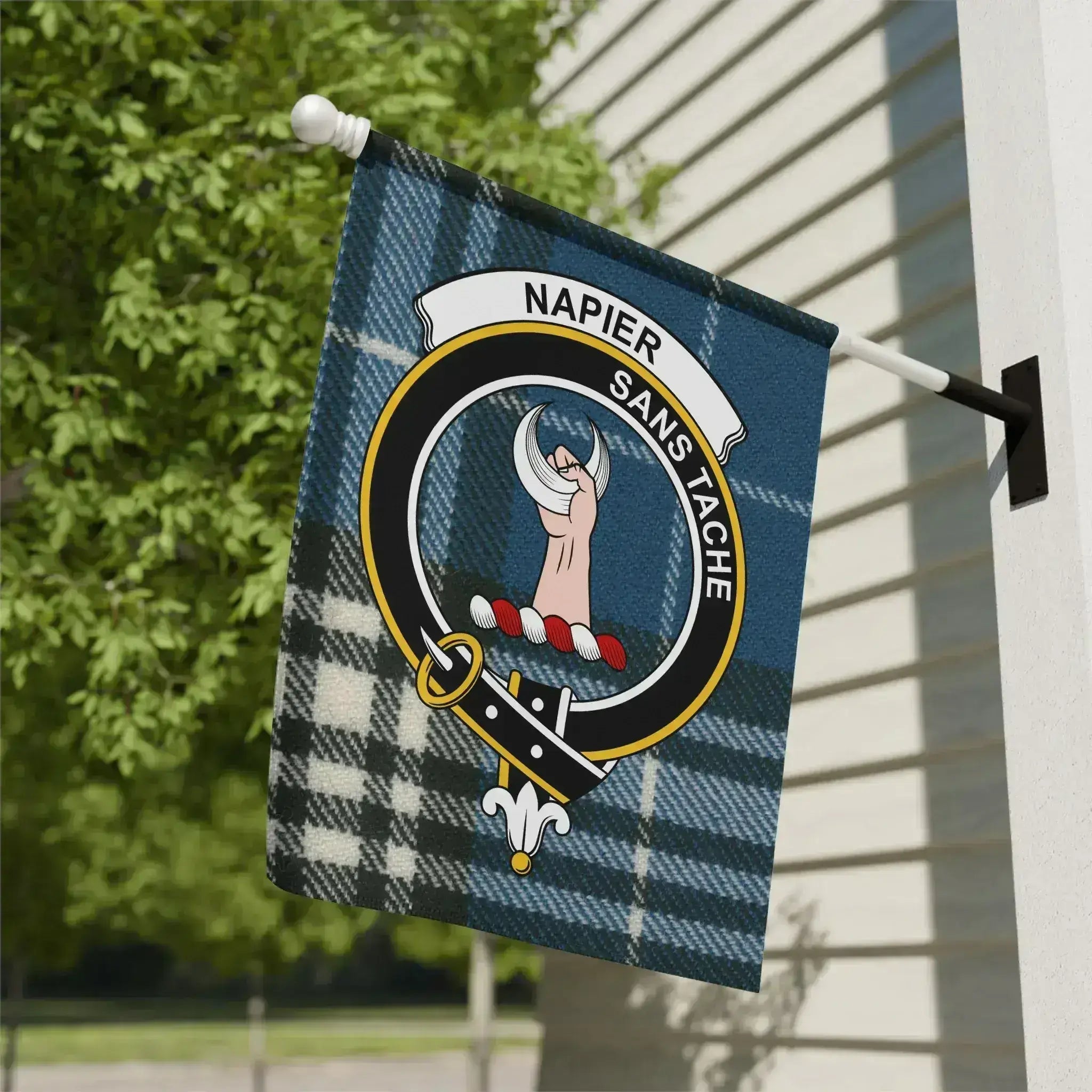 Clan Napier tartan garden flag — 12x18 inch, poly canvas with crest and plaid design
