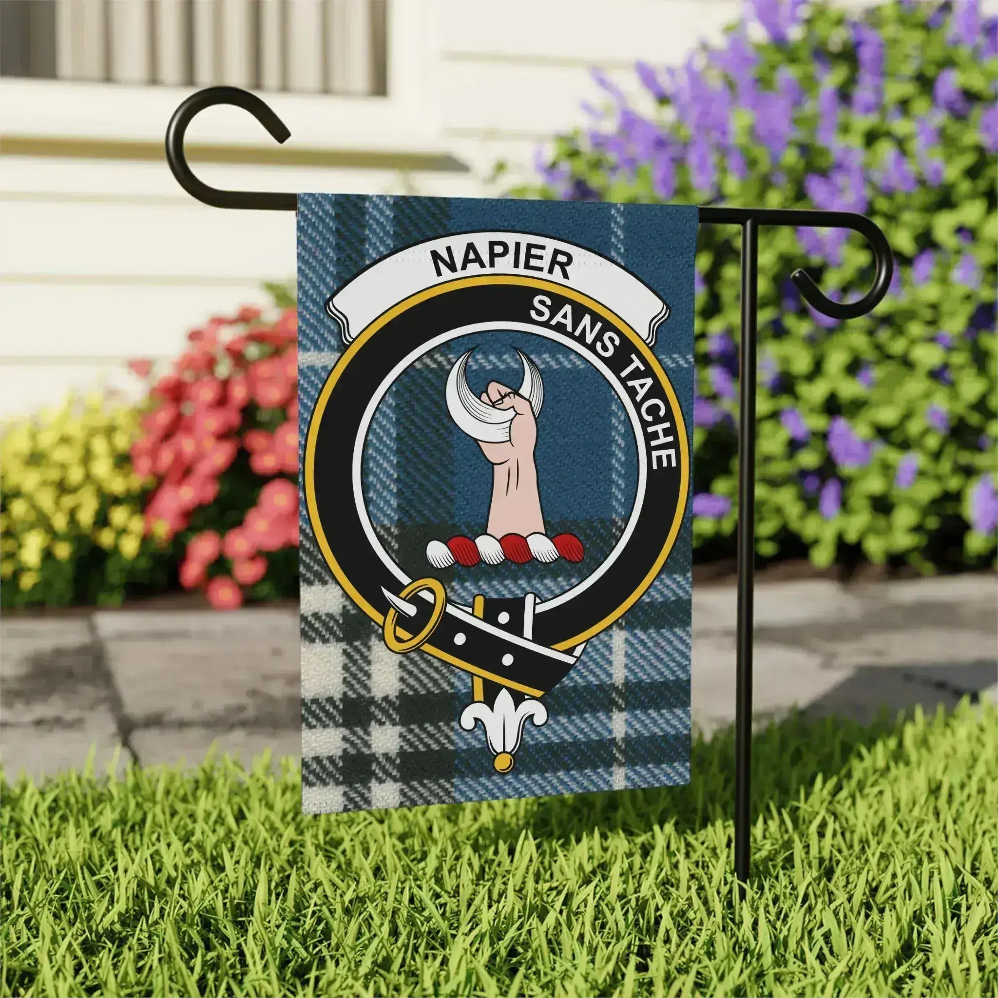 Napier clan crest garden flag — 24.5x32 inch outdoor display, full colour tartan