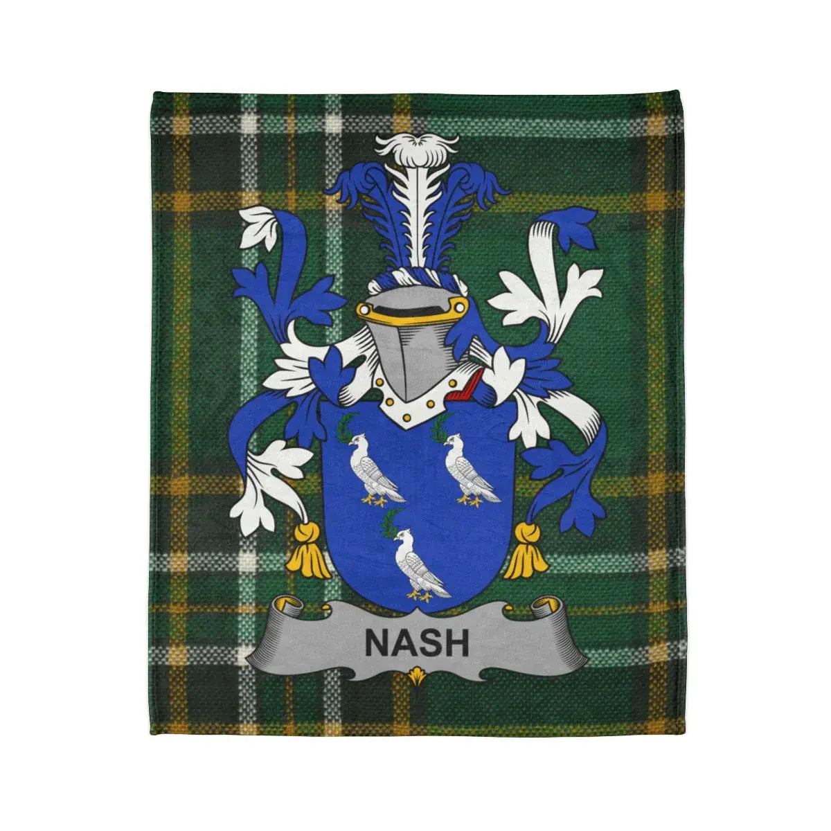 Nash Family Crest with Green Tartan Background Blanket