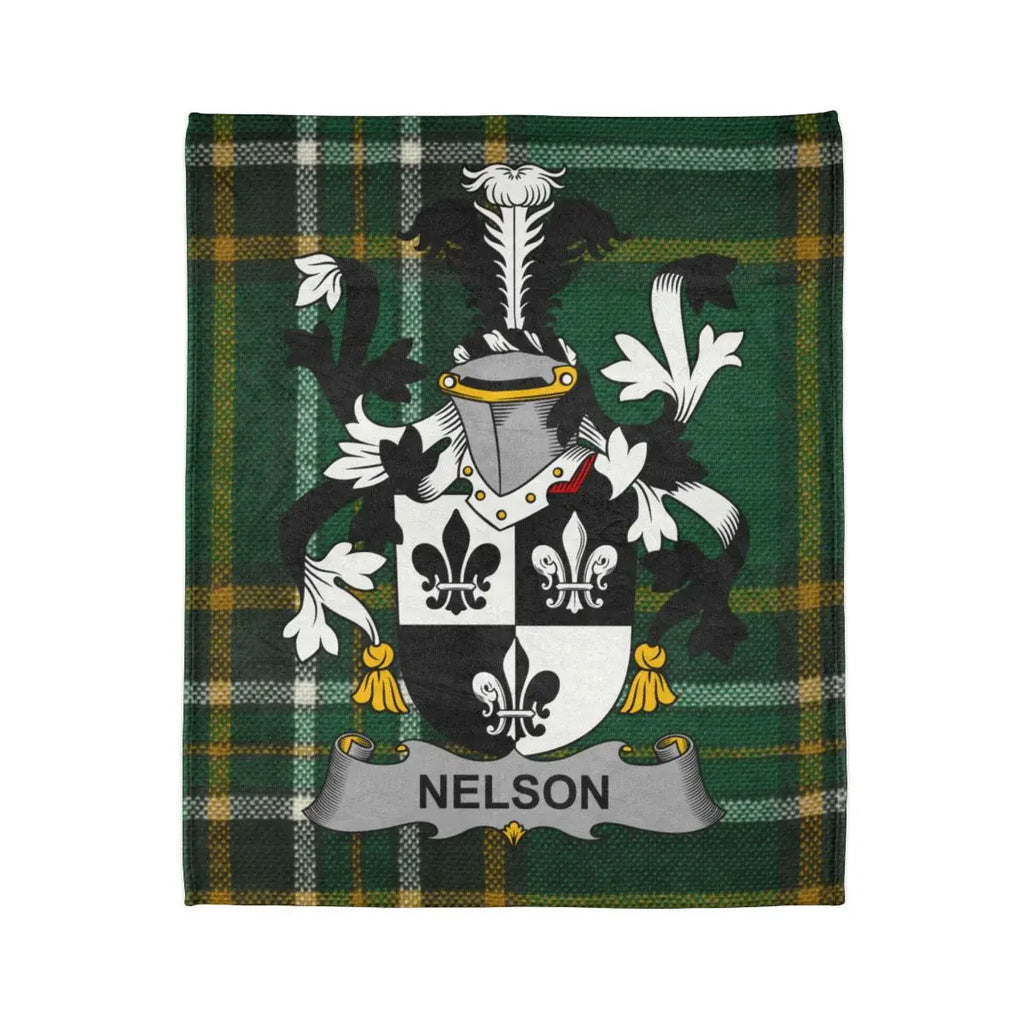 Nelson Family Crest on Green Plaid Blanket Product