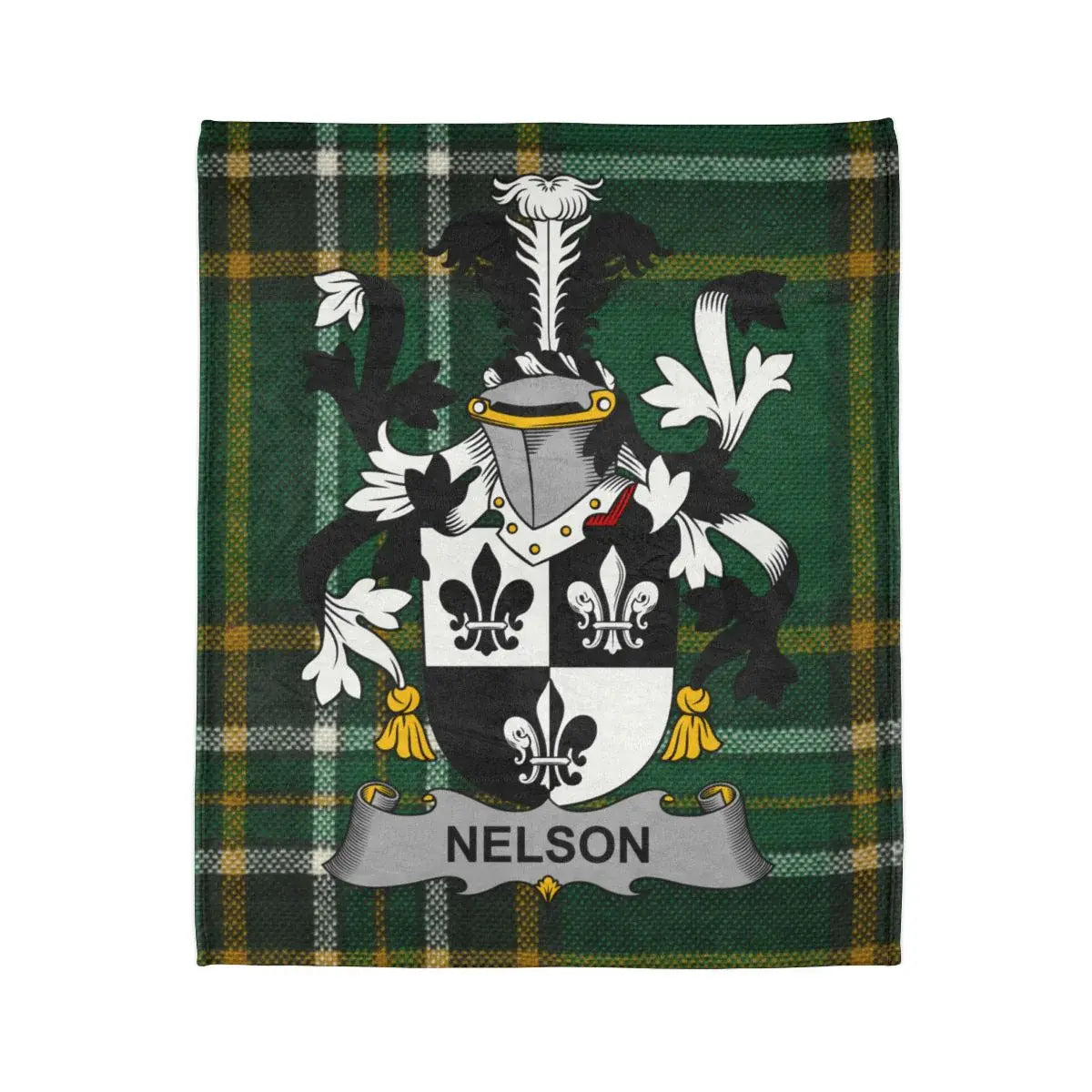 Nelson Family Crest on Green Plaid Blanket Product