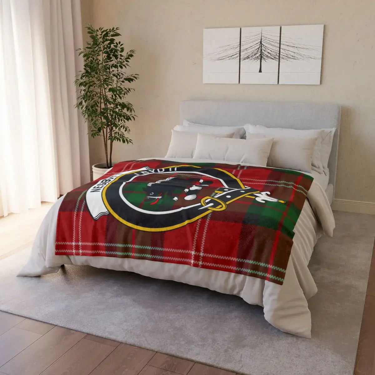 Festive Red Plaid Blanket with Holiday Wreath Design