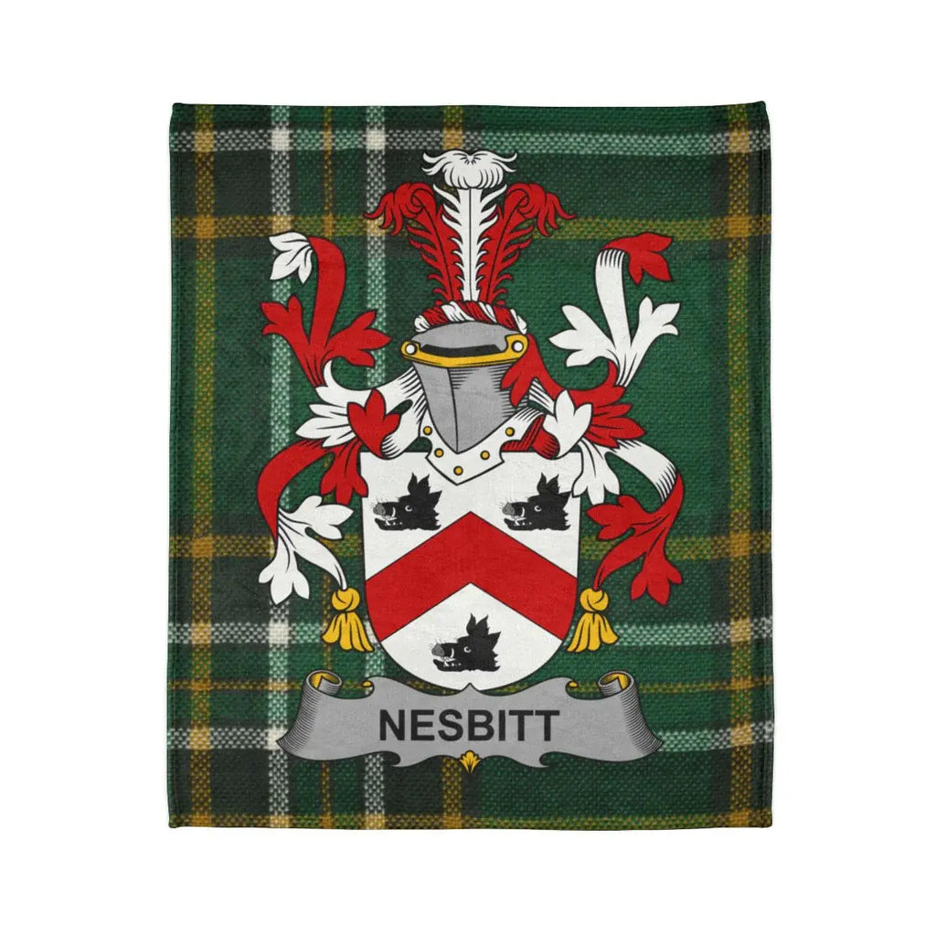 Nesbitt Family Crest on Green Tartan Design Blanket