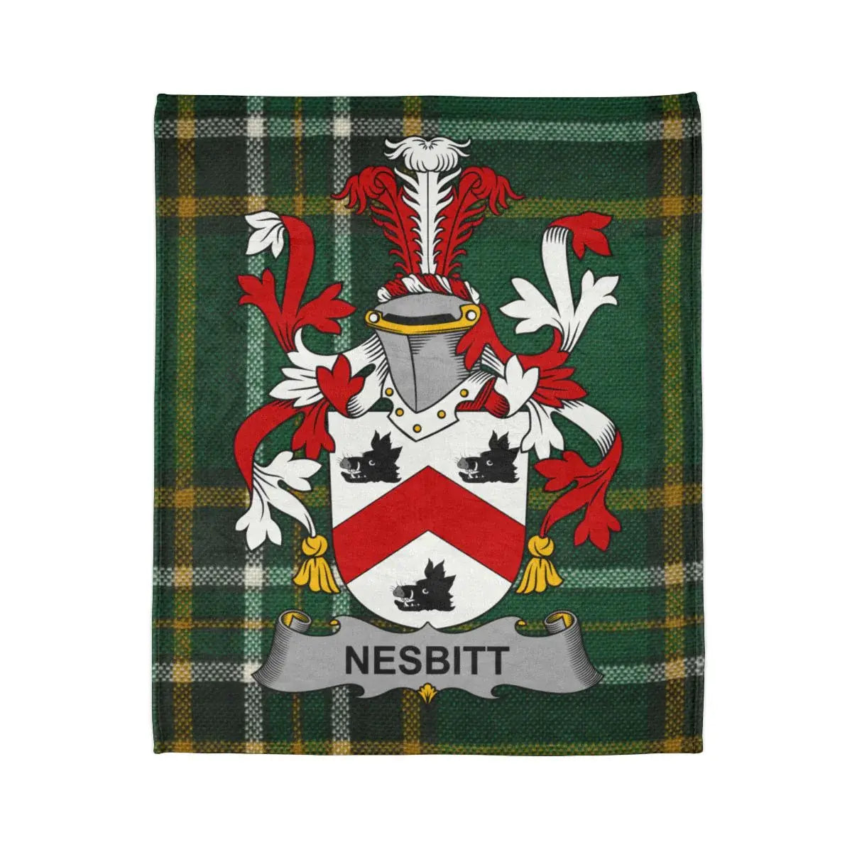 Nesbitt Family Crest on Green Tartan Design Blanket