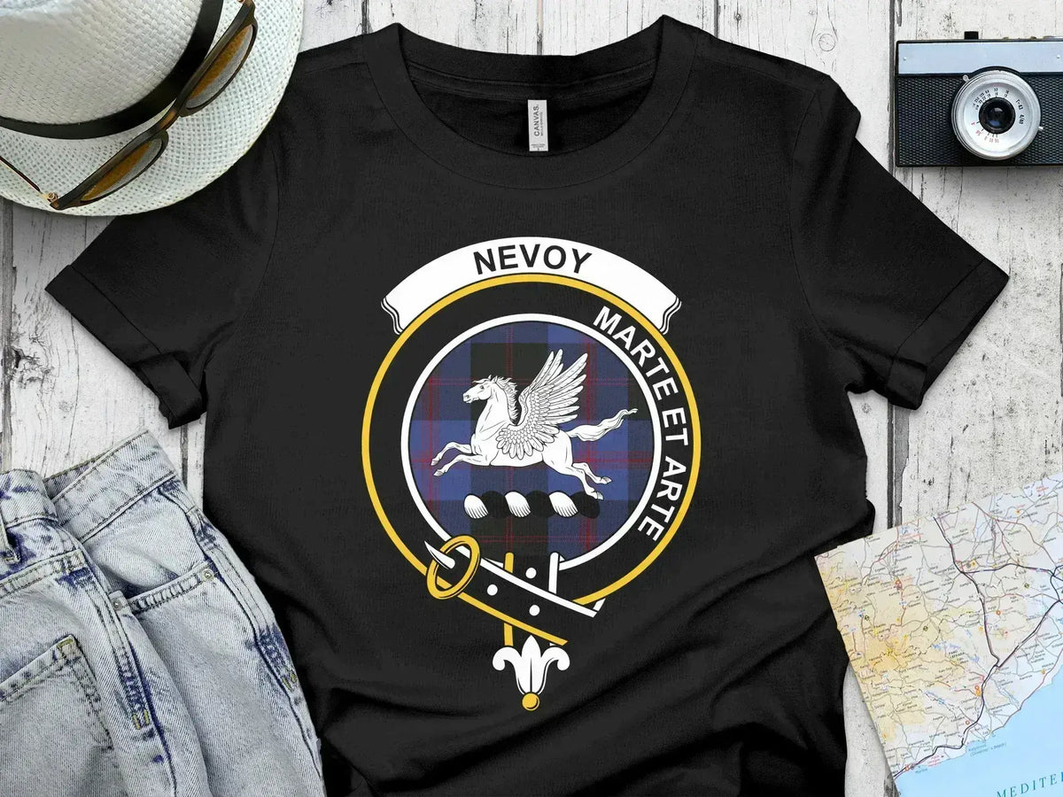 Nevoy clan crest T-shirt with Marte Et Arte motto and tartan design