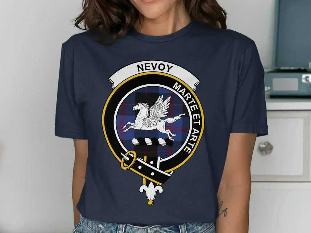 Nevoy clan crest T-shirt with Marte Et Arte motto and tartan design — alternate view