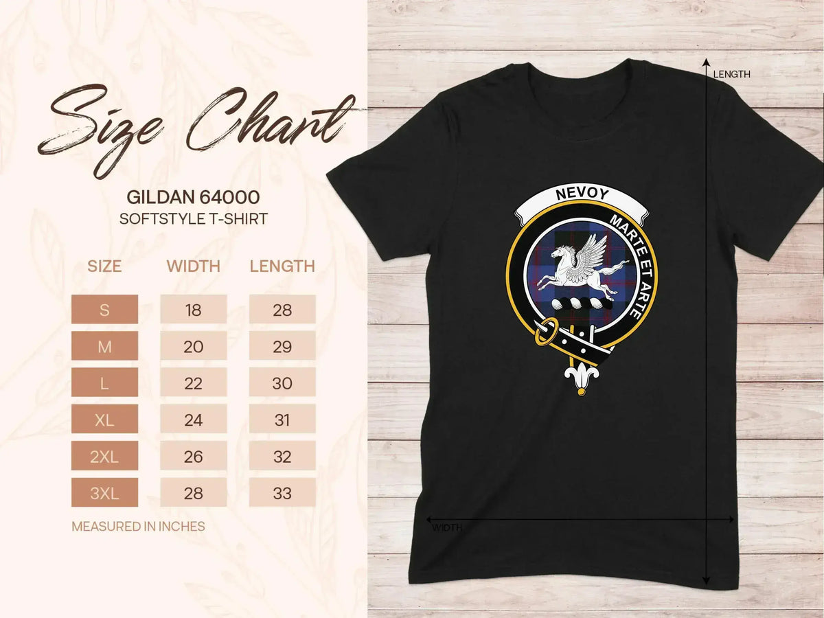 Nevoy clan crest T-shirt size and colour options