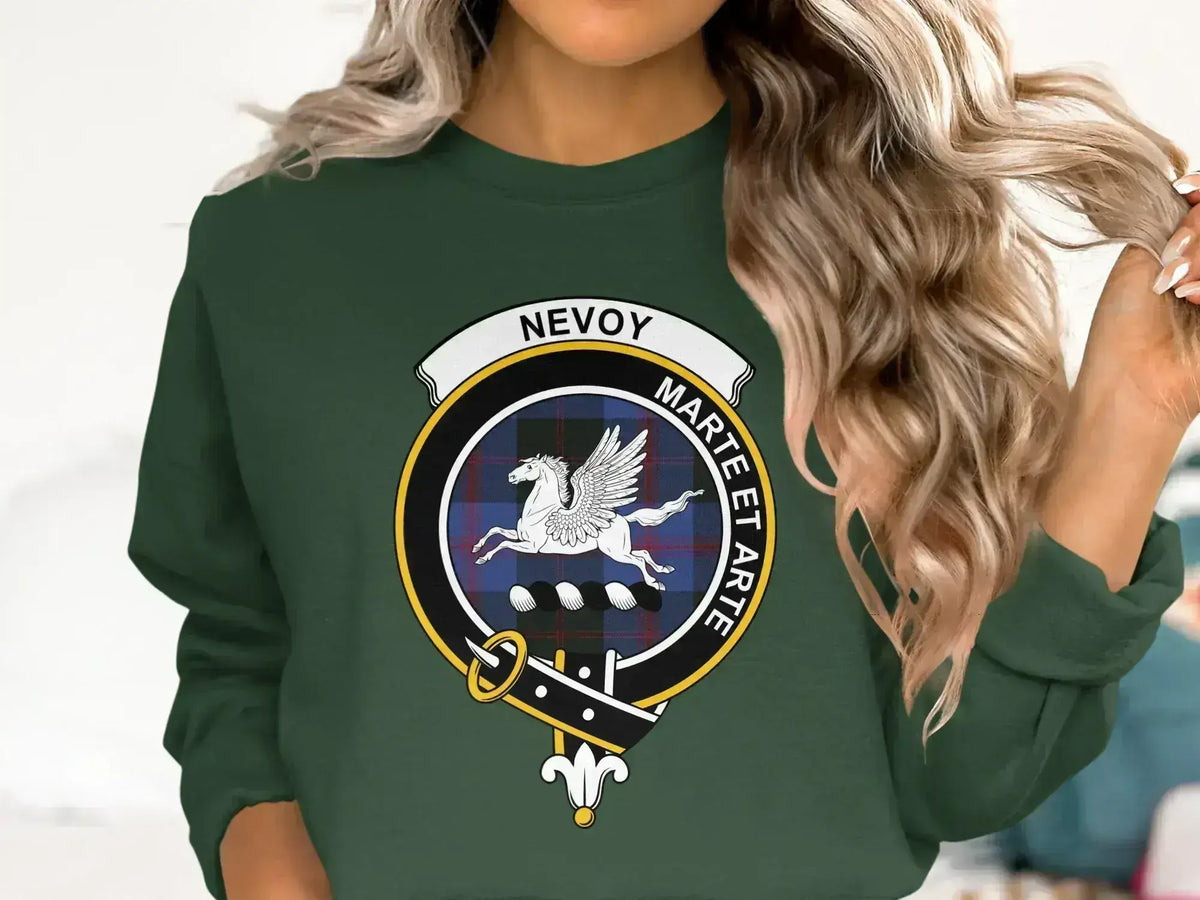 Nevoy clan crest sweatshirt with Marte Et Arte motto and tartan design