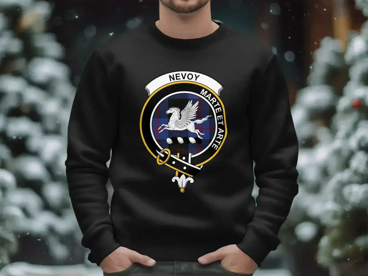 Nevoy clan crest sweatshirt with Marte Et Arte motto and tartan design — alternate view