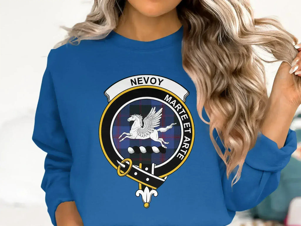 Nevoy clan crest sweatshirt with Marte Et Arte motto and tartan design — detail view