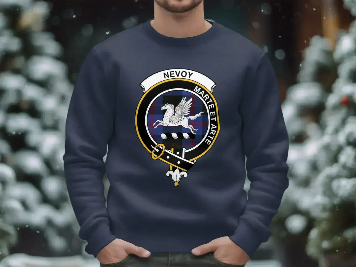 Nevoy clan crest sweatshirt with Marte Et Arte motto and tartan design — reverse view