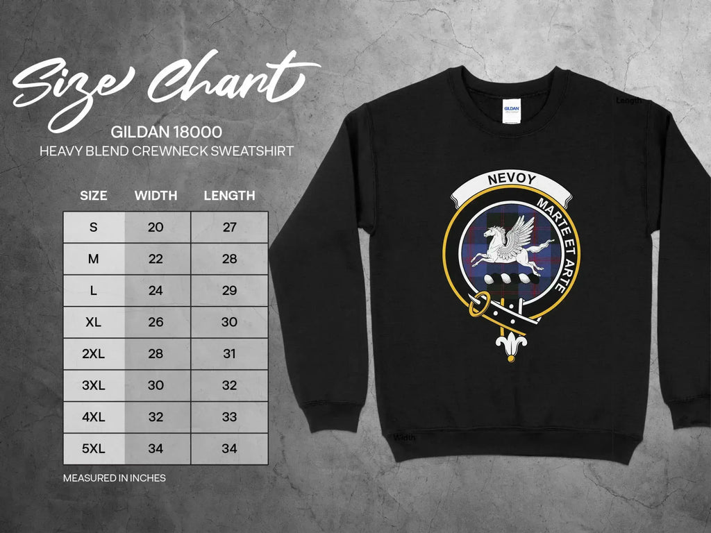Nevoy clan crest crewneck sweatshirt with Marte Et Arte motto and tartan design