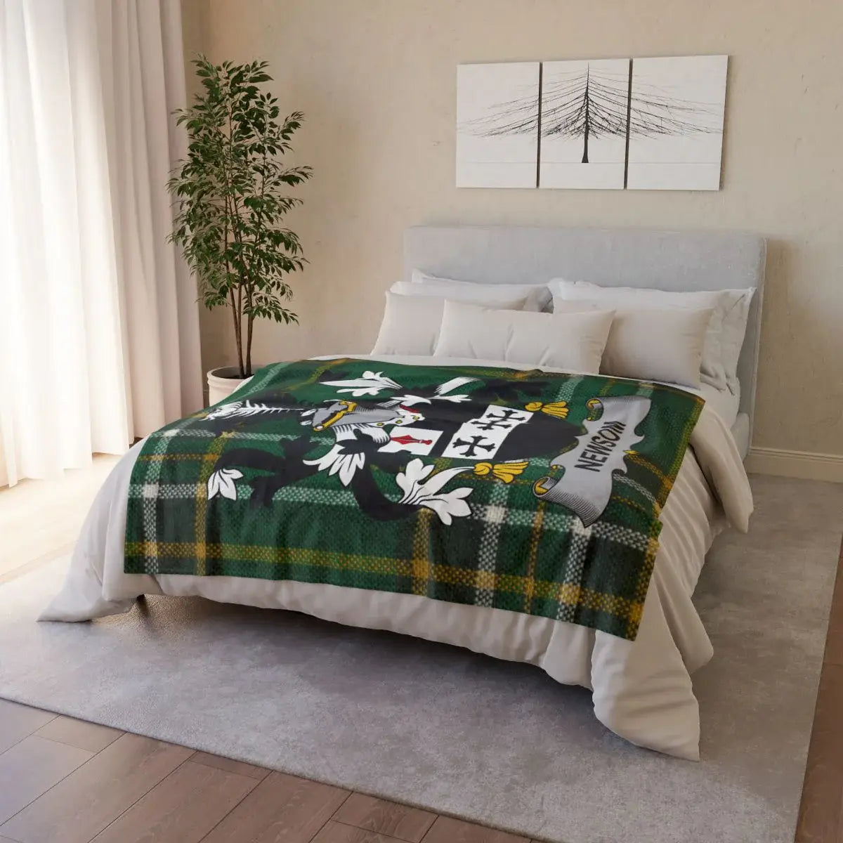 Personalized Family Crest Green Plaid Blanket Perfect for Cold Weather
