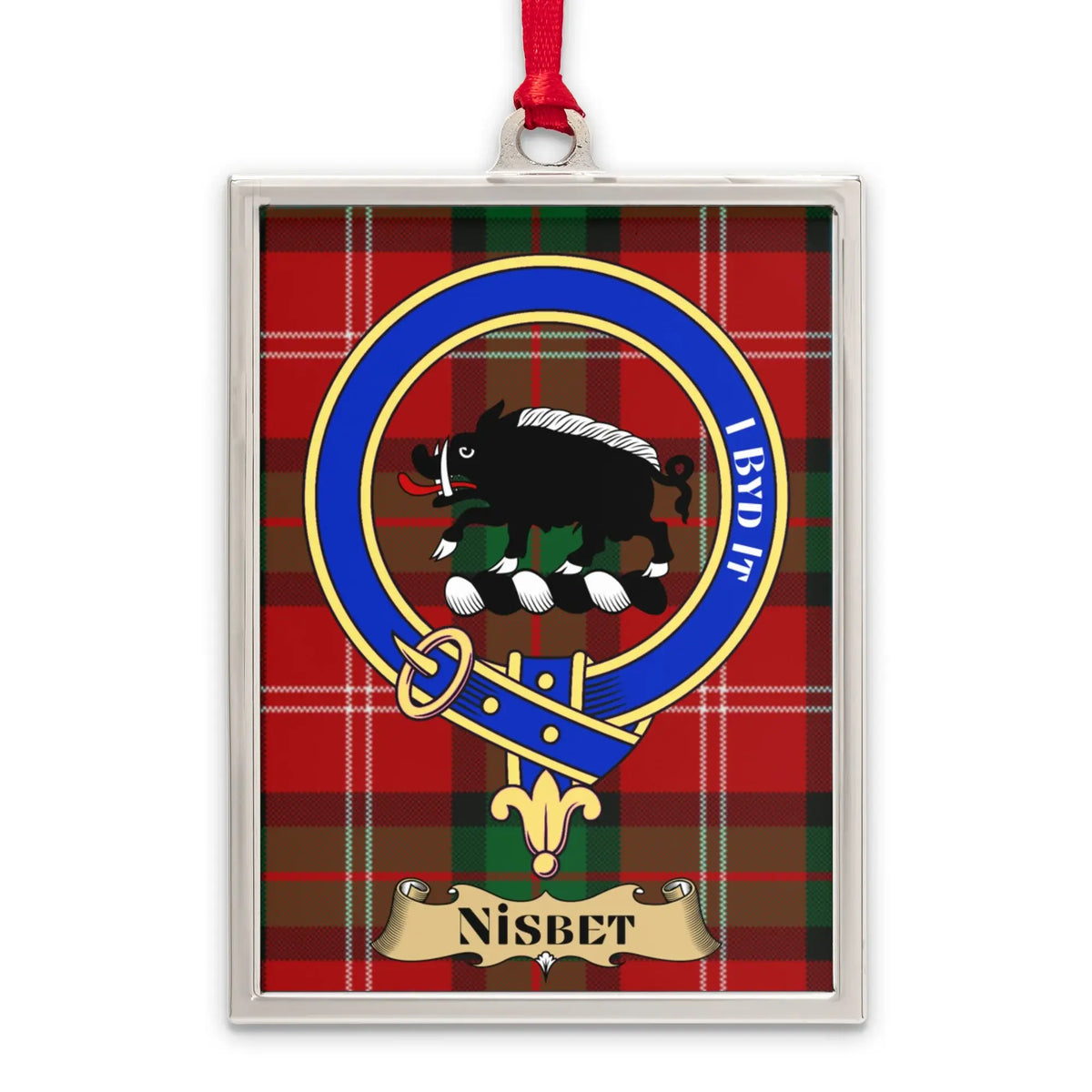 Nisbet tartan-background crest ornament shown as a Scottish heritage keepsake gift