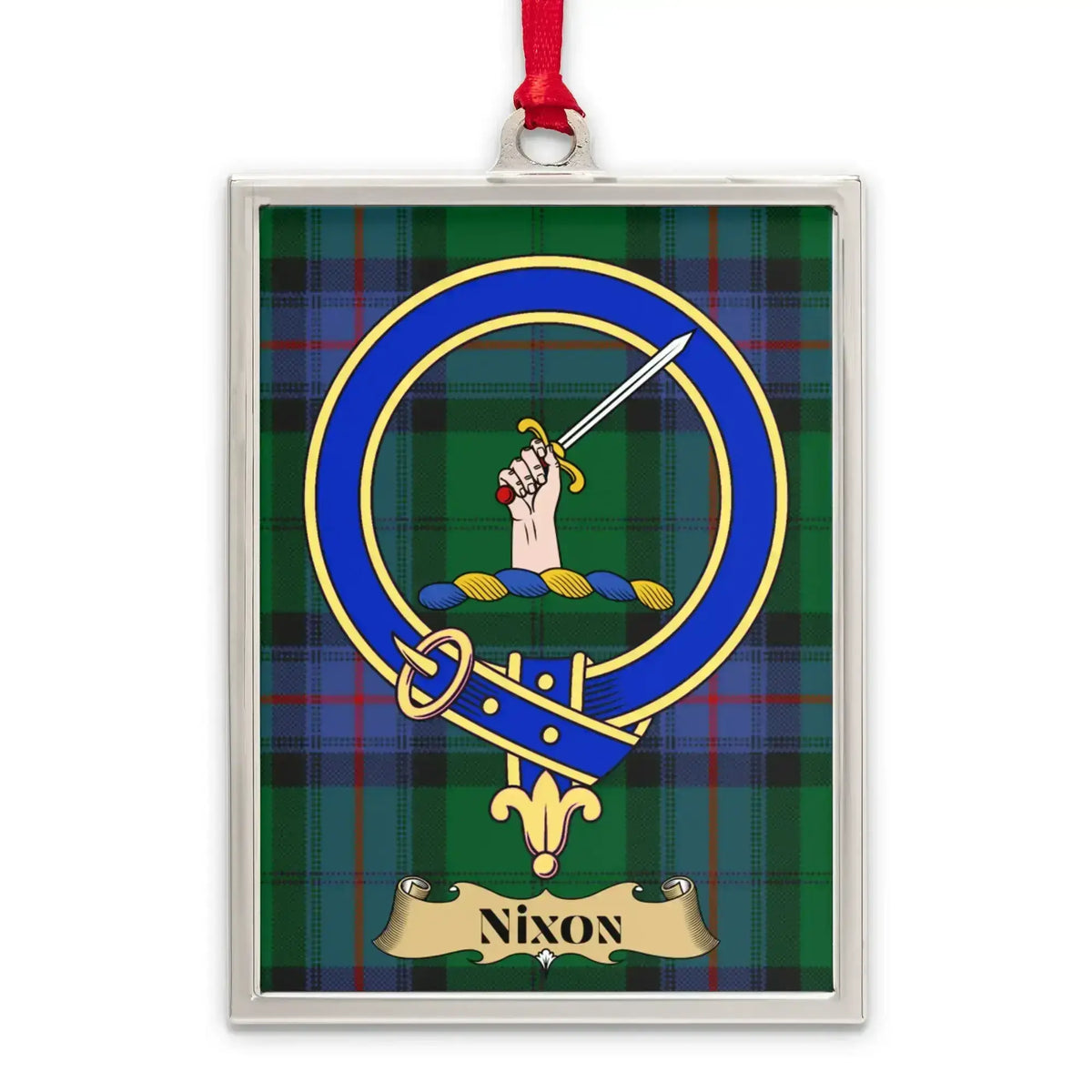 Nixon tartan-background crest ornament shown as a Scottish heritage keepsake gift