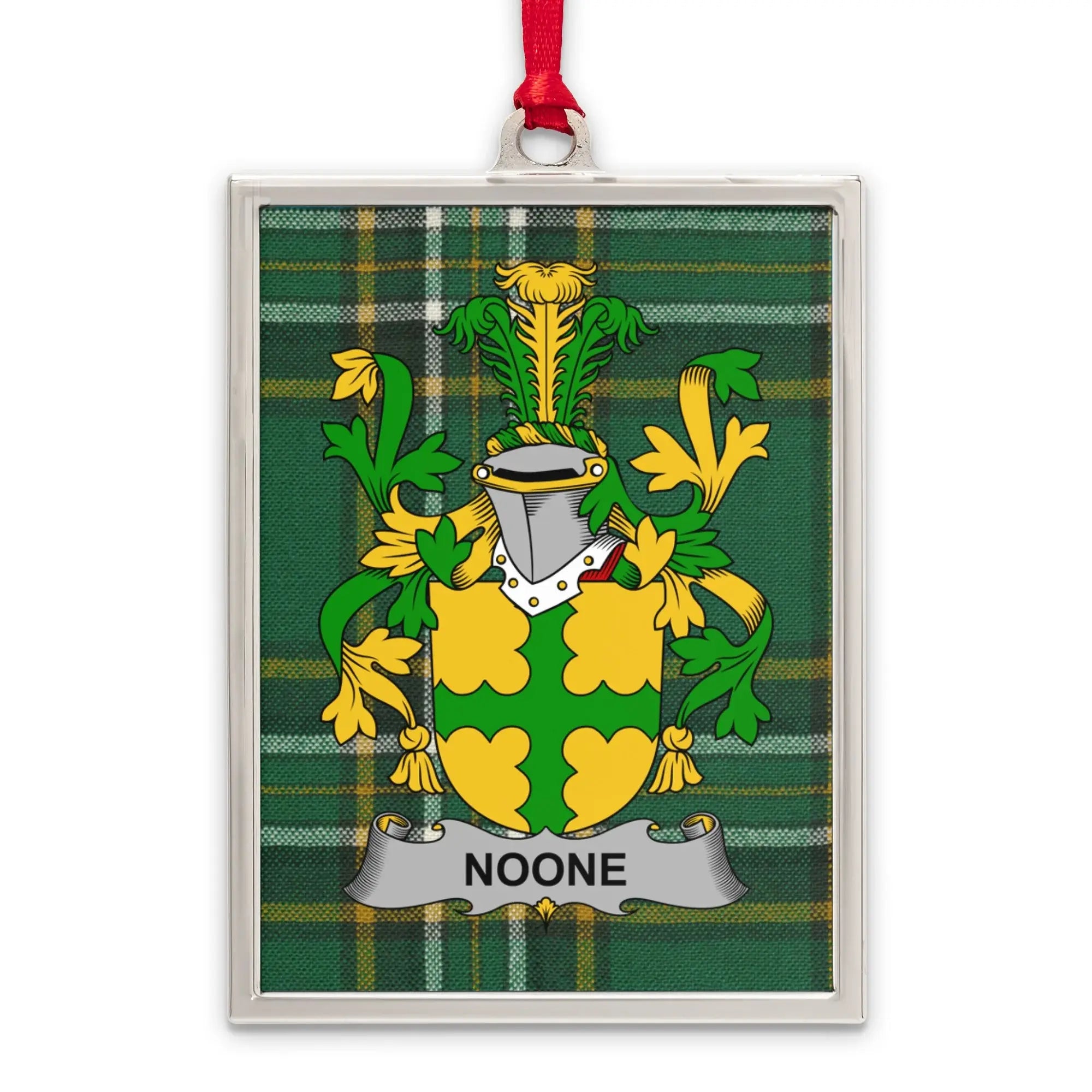 Noone Family Crest Green Plaid Background Product