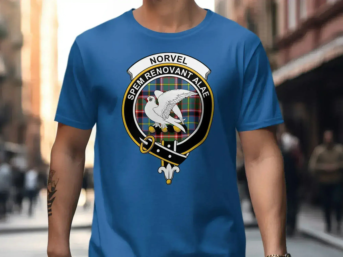 Norvel clan crest T-shirt with Spem Renovant Alae motto and tartan design