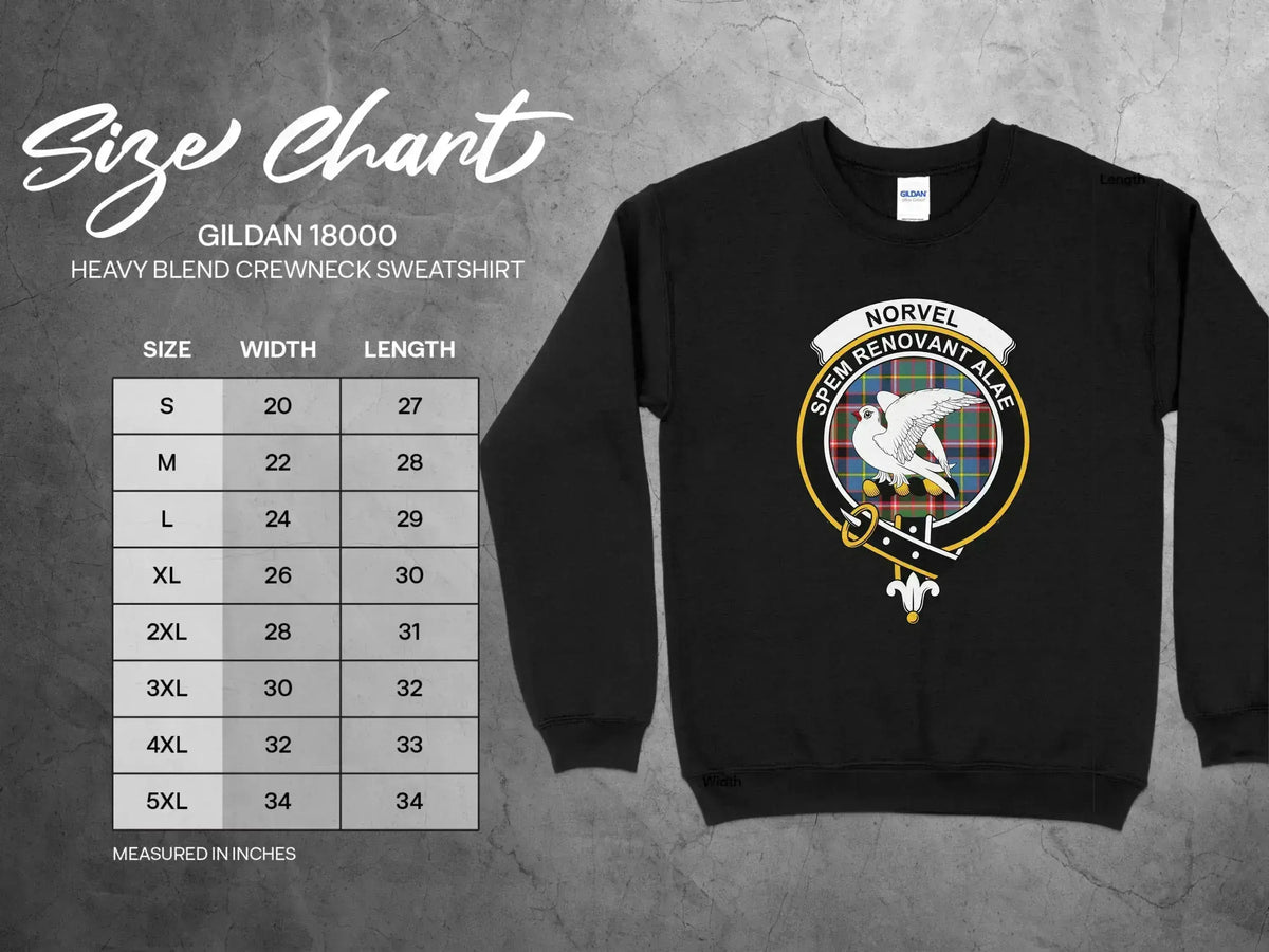 Norvel clan crest crewneck sweatshirt with Spem Renovant Alae motto and tartan design