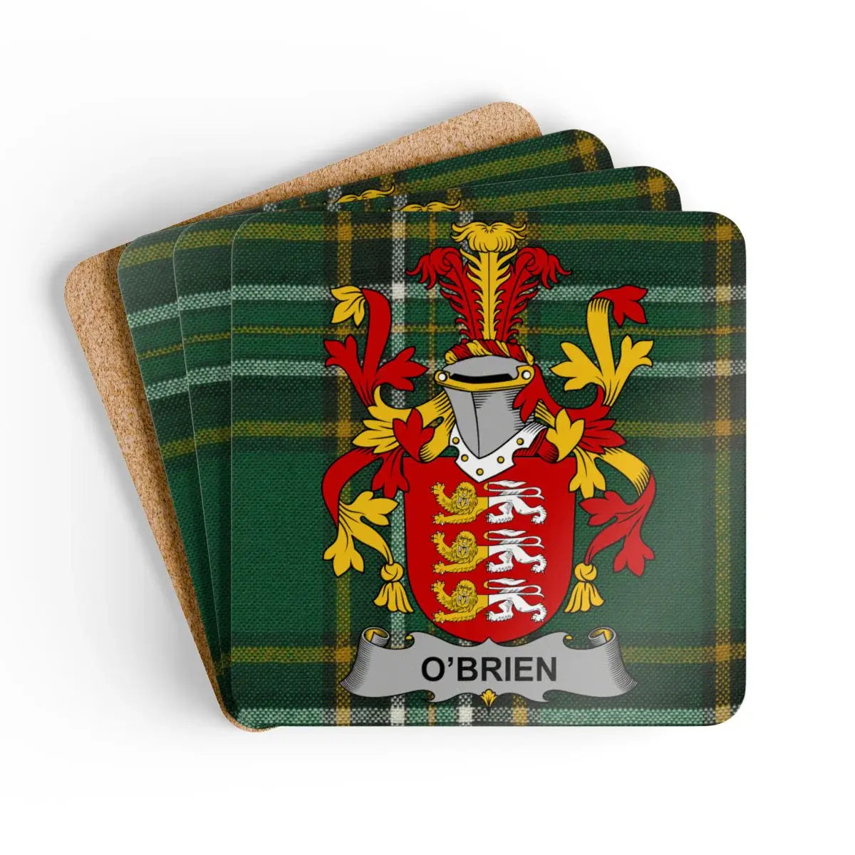 O'Brien Irish family crest coaster set on the Irish National Tartan